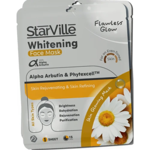 StarVille Flawless Glow Whitening, Brightening & Rejuvenating Facial Sheet Mask with Alpha Arbutin & Phytexcell for All Skin Types